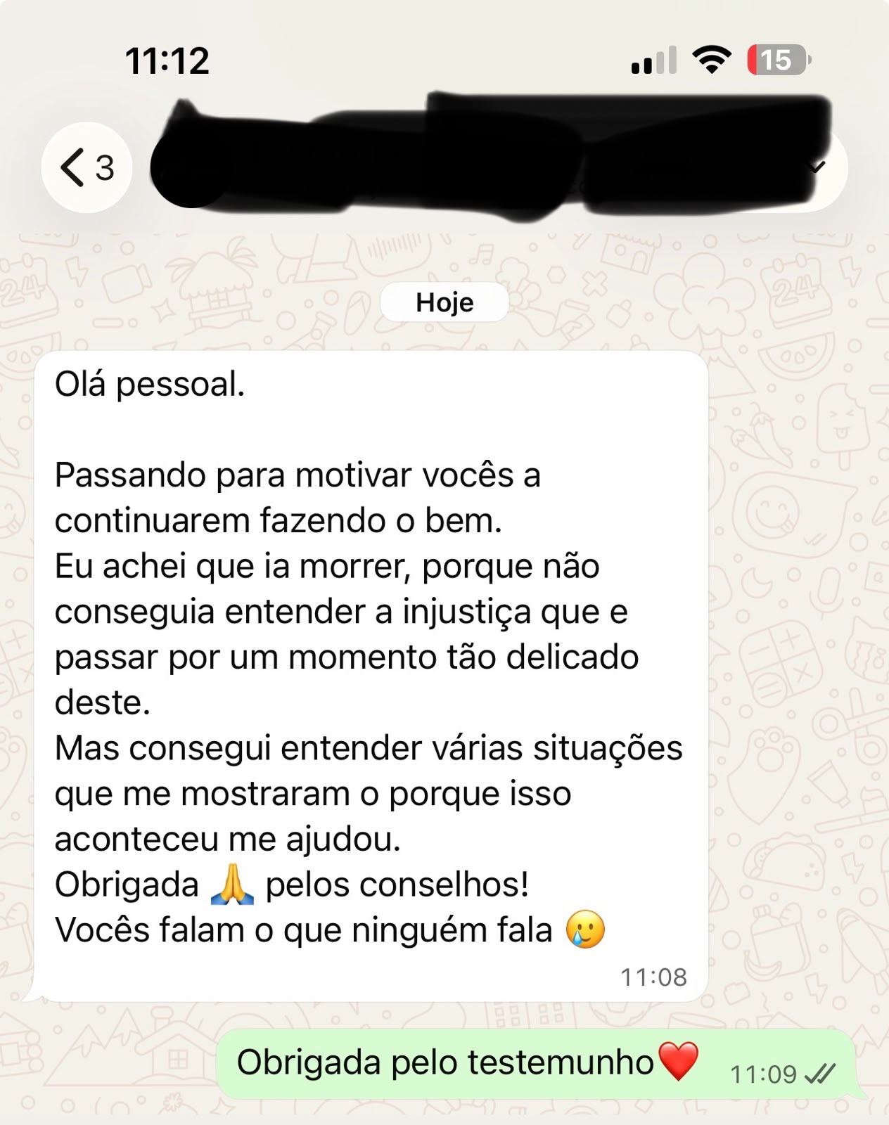 Depoimento real 1 recebido no WhatsApp