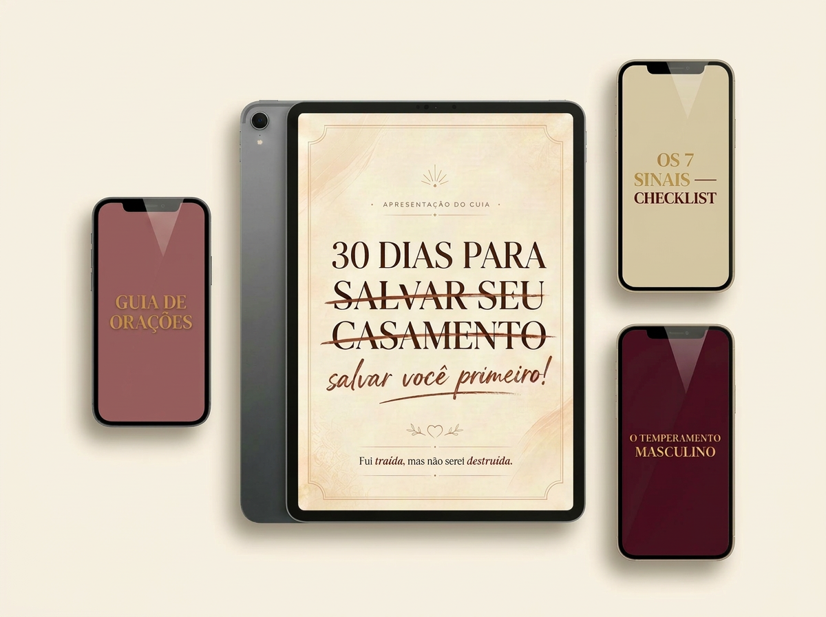 Mockup do guia "30 Dias para Salvar o Casamento" e os 3 bônus inclusos